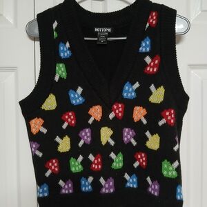 Hot Topic Black Knit Vest with Multicolor Mushroom Motif